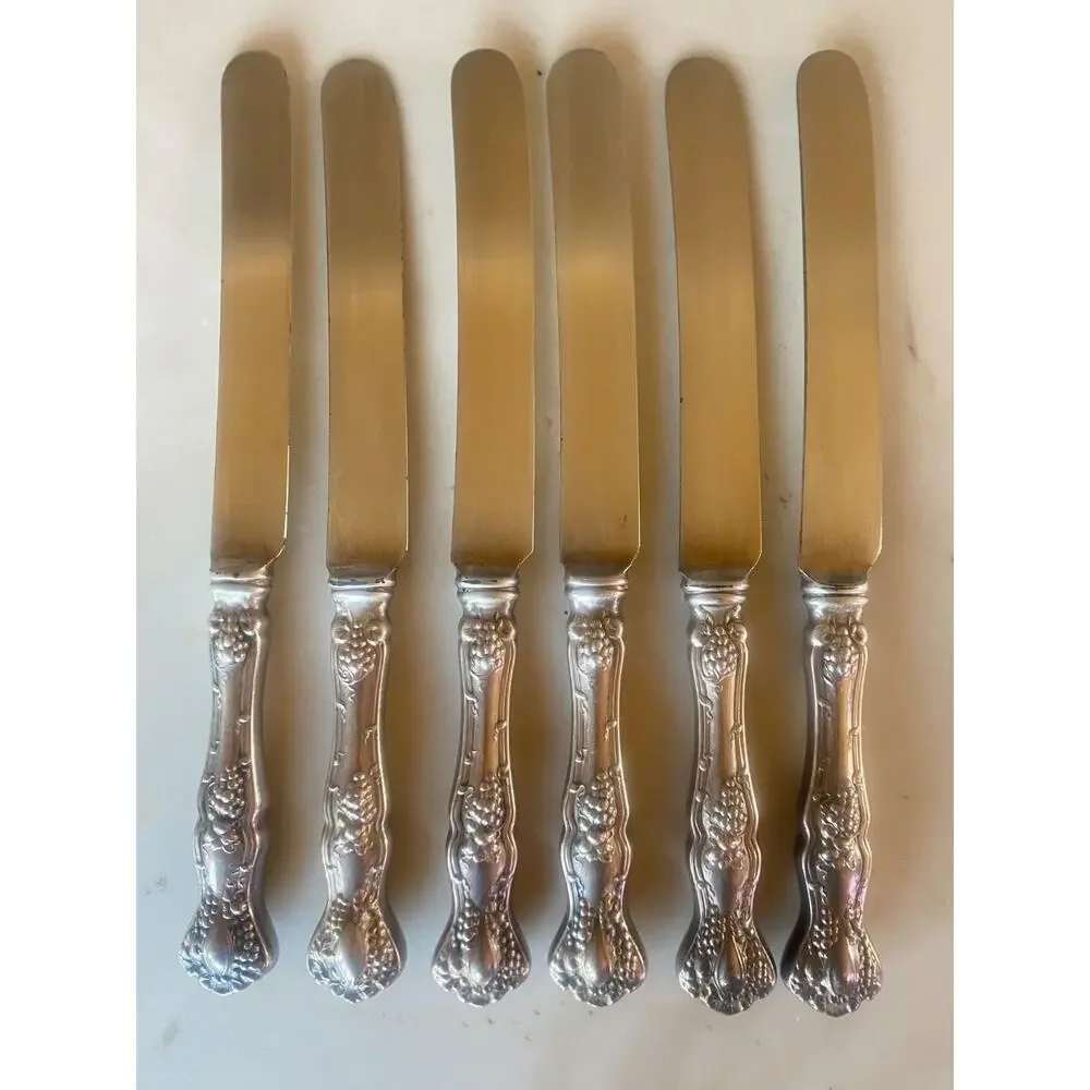 Set of 6 Antique 1847 Rogers Bros 1904 VINTAGE Grapes Silverplate Dinner Knives